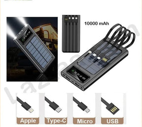 Solar Power Bank - 10000mAh, Built in 4 Cables Portable Charging Power bank, Solar Chargeable Power Bank - Power Bank Type C, A, iPhone - Power Bank 10000 MAH