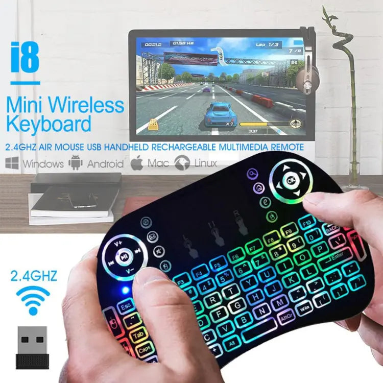 Mini Wireless Keyboard Air Mouse Remote Touchpad Backlit English Russian French Spanish Adjustable 7 Colors Android Tv Box Pc I8